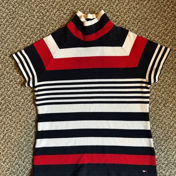 Y2K Tommy Hilfiger Top nautical striped White Blue Red high neck - Picture 4 of 6